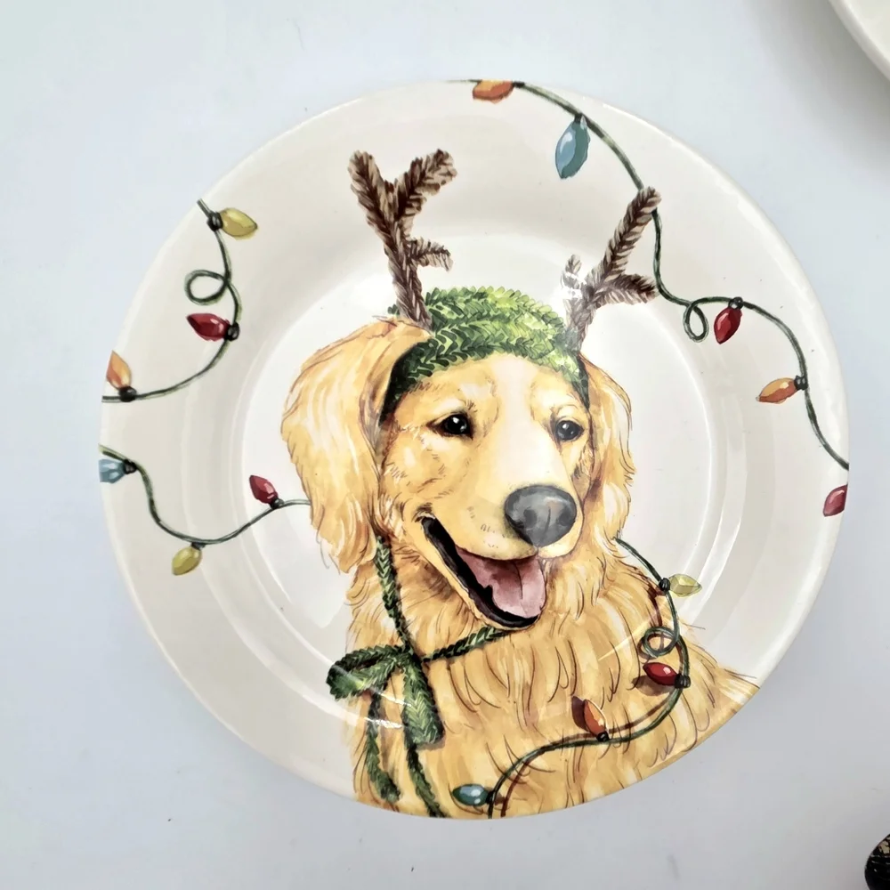 Golden Retriever Christmas Lights Reindeer Plate By PIER ONE